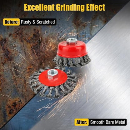 4Pcs Wire Wheel Brush for Rust,Paint,Metal Removal, 4" Flat Knotted Twist Carbon Steel Brush & 3" Knotted Wire Cup Brush,Fits 5/8"-11 UNC Arbor(with 2 Pcs 1/4" Shank Drill Adapter) - style: 4" Flat Knotted Wire Wheel & 3" Knotted Wire Cup Brush