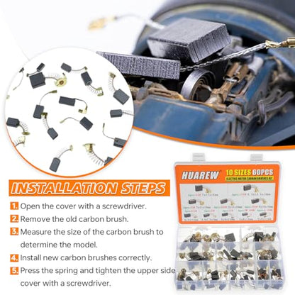 Electric Motor Carbon Brushes 60 Pcs 10 Different Sizes for Replacement Repair Power Tool Part
