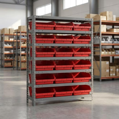 Quantum Storage Systems 1239-109RD Steel Shelving Unit with 4" Shelf Bins, 12" D x 36" W x 39" H, Red - size: 39" H x 36" W x 12" D, style: 12" L x 12" W x 4" H 18 Economy Red Bins