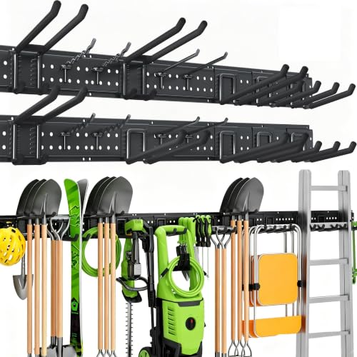 Garage Tool Organizer Wall Mount, 99 Inch Heavy Duty Garage Organization System with 18 Adjustable Hooks, Garden Tool Storage Rack for Garage, Yard & Shed, Holds Up to 750 lbs - size: 99" | 6 Panels + 18 Hooks