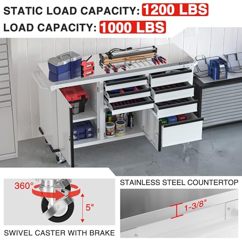 WORKPRO 62" x 20" 7-Drawer & 2-Door Rolling Tool Chest with Stainless Countertop, Locking System, Heavy Duty Tool Storage Cabinet for Garage, Warehouse & Kitchen, 1000 lbs Capacity