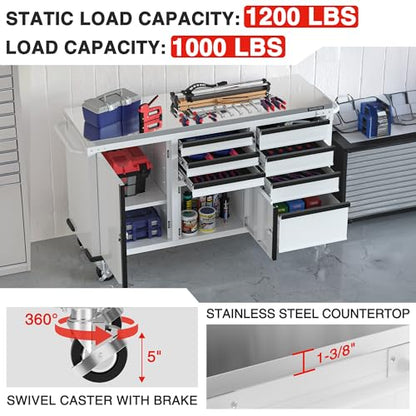WORKPRO 62" x 20" 7-Drawer & 2-Door Rolling Tool Chest with Stainless Countertop, Locking System, Heavy Duty Tool Storage Cabinet for Garage, Warehouse & Kitchen, 1000 lbs Capacity