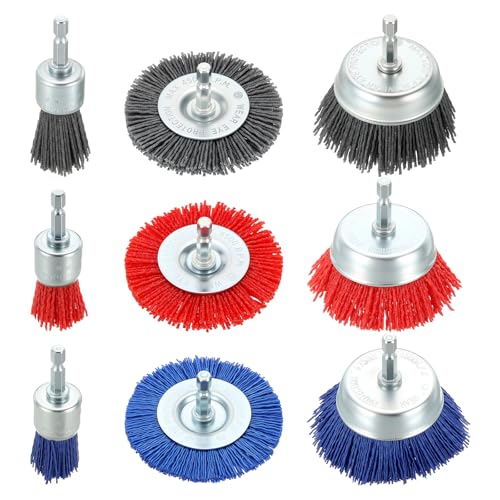 DTGN 9 Pcs Wire Wheel Cup Pen Brush Set for Drill, 1/4" Hex Shank, 1-3" - size: 1-3inch（80/180/240 Grit）