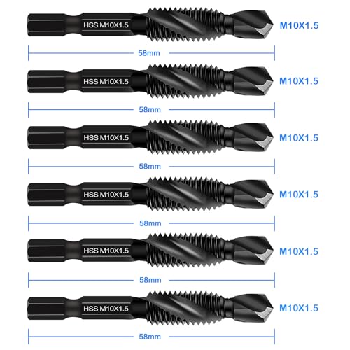 DKIBBITH 6 Packs M10 Combination Drill & Taps Bit Set, Screw Tapping Threading Tools in Size M10*1.5 with Anti-Rust Black Coating, 1/4" Hex Shank and Storage Case - size: M10x1.5