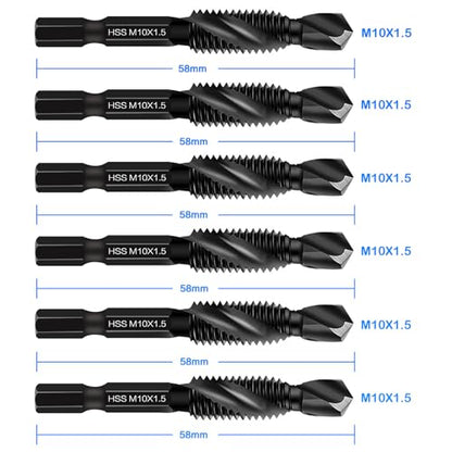 DKIBBITH 6 Packs M10 Combination Drill & Taps Bit Set, Screw Tapping Threading Tools in Size M10*1.5 with Anti-Rust Black Coating, 1/4" Hex Shank and Storage Case - size: M10x1.5