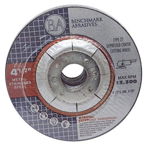 Benchmark Abrasives Grinder Cut Off Wheels 4 1/2 Inch Aluminum Oxide Depressed Center Thin Type 27 for Metals, .040" Thick 7/8" Arbor, Angle Grinder Cutting Disc, Grinding Cutting Wheel - 50 Pack