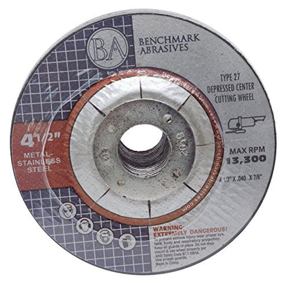 Benchmark Abrasives Grinder Cut Off Wheels 4 1/2 Inch Aluminum Oxide Depressed Center Thin Type 27 for Metals, .040" Thick 7/8" Arbor, Angle Grinder Cutting Disc, Grinding Cutting Wheel - 50 Pack