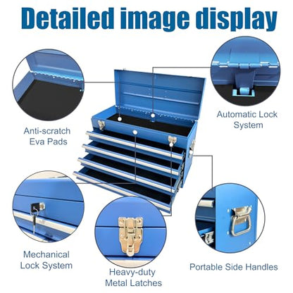 Heavy Duty Metal Tool Box, 21-inch, Portable Metal Tool Box with 4 Drawers, Small Tool Chest with EVA Liners, Ball Bearing Slide Drawers Locking & Powder Coated Finish, Multi-Function Tool Organizer - color: Tool Box-blue