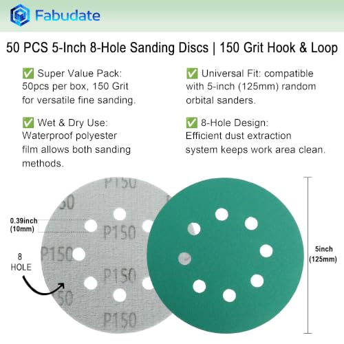 5 Inch 8 Hole 150 Grit Hook&Loop Wet/Dry Heavy-Duty Sanding Discs 50PK - size: 150 Grit