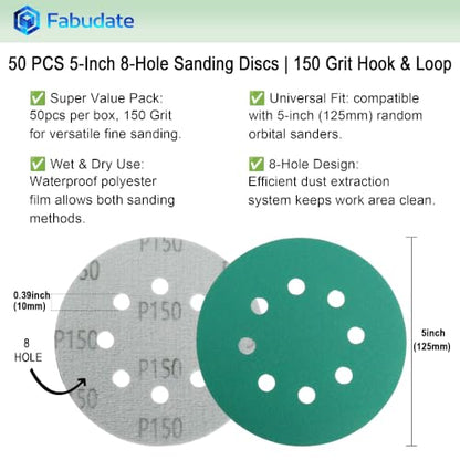 5 Inch 8 Hole 150 Grit Hook&Loop Wet/Dry Heavy-Duty Sanding Discs 50PK - size: 150 Grit