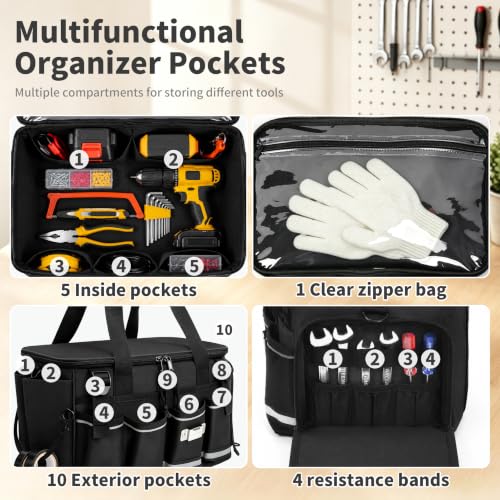 14-Inch Heavy Duty Tool Bag, 17 Pocket Tool Box Organizer - color: Black
