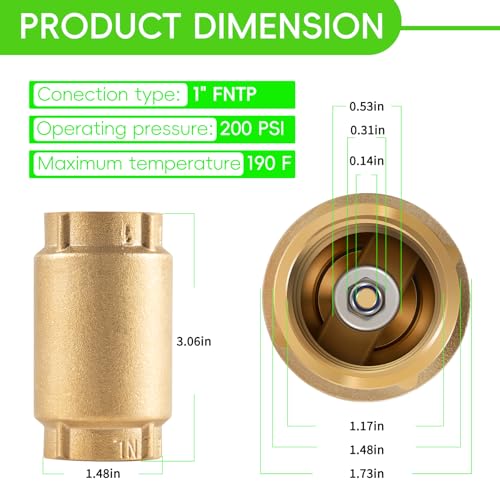 1" No-Lead Brass Check Valve For Well Pump with Backflow Preventer, 1" FNPT - size: 1.73 x 3.07 x 1.73 inches