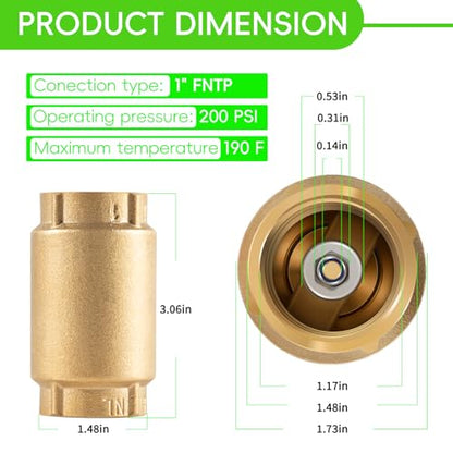 1" No-Lead Brass Check Valve For Well Pump with Backflow Preventer, 1" FNPT - size: 1.73 x 3.07 x 1.73 inches