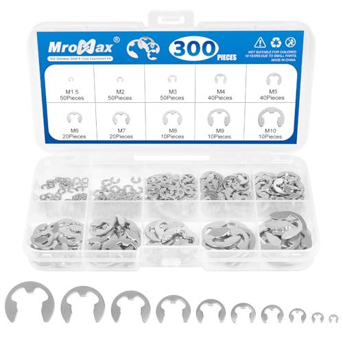 MroMax 300Pcs Stainless Steel E-Clip Assortment Kit, 10 Sizes M1.5 - M10 - size: Assortment Kit