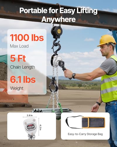 VEVOR Manual Lever Chain Hoist, 1/2T 1100LBS Capacity Heavy Duty Come Along, 5FT Lift G80 Alloy Steel Chain with Dual Pawl Mechanical Brake,360°Rotating Hooks, for Warehouse Construction Garage