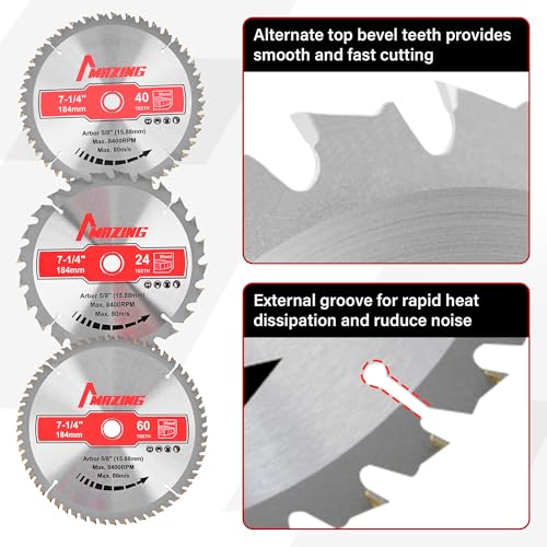MAZING 3-Piece 7-1/4 Inch 24T&40T&60T Circular Saw Blades, 7.25 Inch TCT Compact Saws Blades with 5/8" Arbor, ATB Design for Precision Woodworking, Fit for Plywood, Soft & Hardwood, Wood with Nails - style: 7-1/4" 24&40&60T-3Pack