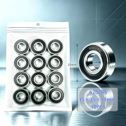10 PCS 6202-2RS Deep-Groove Ball Bearings, 15x35x11mm-Double Seal Bearings - size: 6202-2RS