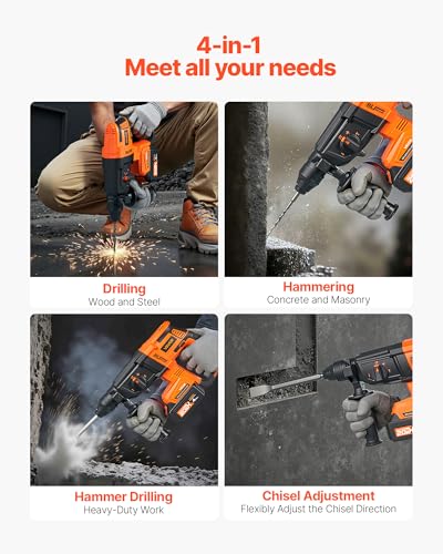 VEVOR 1-1/8" SDS-Plus Rotary Hammer Drill, 20V Brushless Cordless SDS Hammer Drills, 4.0Ah Lithium-Ion Battery Powered, 3.0A Fast Charger, 4 Modes, Rotomartillo for Concrete,1200 RPM, 5300 BPM - size: 1-1/8 in