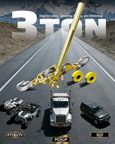 Come Along Winch Puller 3T 10FT, Cable Hoist Winch Puller with 2 Hooks, 2 Towing Straps 8FT, Come Along Tool Heavy Duty, Ratchet Puller for Lifting Pulling Construction Building - size: 3T-10FT(+2straps)