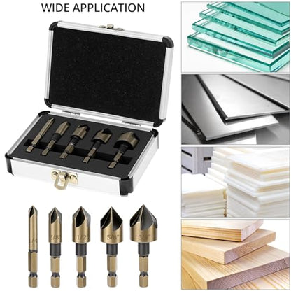 QWORK Countersink Drill Bit Set, 5 Piece 82 Degree 1/4 Inch Hex Shank HSS TiN Coated 5 Flute for Wood Metal Plastic Quick Change Sizes 1/4 3/8 1/2 5/8 3/4