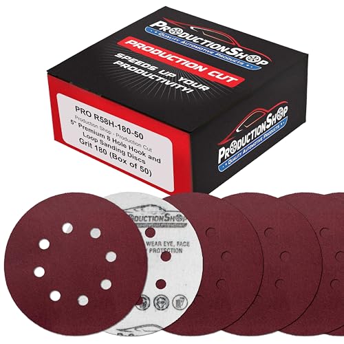 ProductionShop Premium 5" Red 8-Hole Pattern 180 Grit Sanding Discs, Box of 50 - Dustless Hook & Loop Backing Sandpaper for Random Orbital Sanders, Fine-Cut Abrasive - Woodworking, Sand Auto Paint - style: 180 Grit