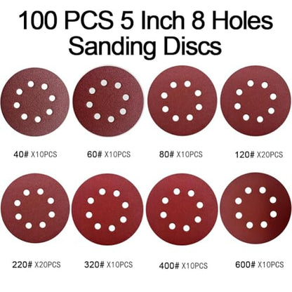 100PCS 5 Inch 8-Hole Sanding Discs, Hook and Loop Sandpaper Sanding Pad Set - style: 100pcs 40-600 Grit Sandpapers