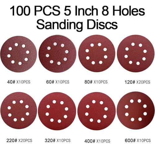 100PCS 5 Inch 8-Hole Sanding Discs, Hook and Loop Sandpaper Sanding Pad Set - style: 100pcs 40-600 Grit Sandpapers