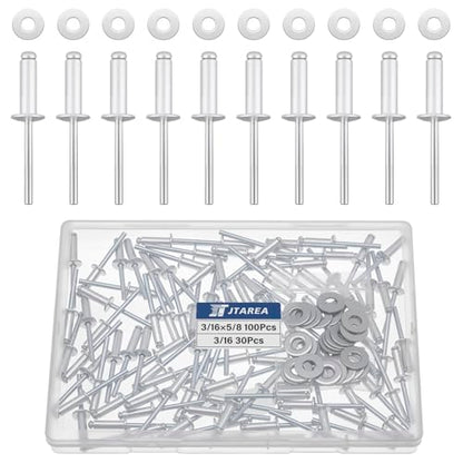 3/16" x 5/8" Silver Aluminum Pop Rivets with Stainless Steel Washers 4.8 x 16mm Blind Rivet Assortment Kit (Pack of 130pcs) - size: 3/16*5/8