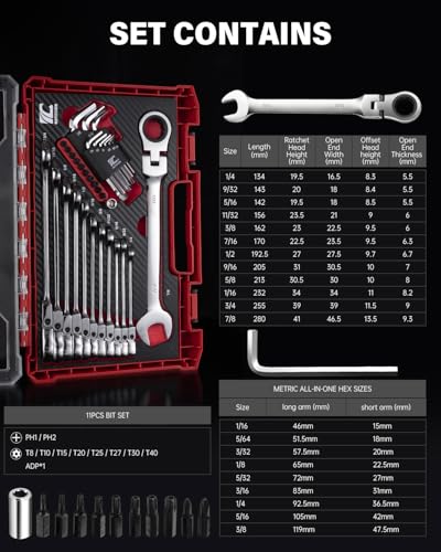 ROTATION 32pc SAE 12 point Flex-Head Ratcheting Wrench Set, 1/4" to 7/8" - size: SAE