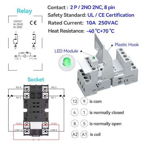 Electromagnetic Power Relay10 Amp Din Rail 24V DC 8-Pin, DPDT 2-Ways with Test Button, Socket Base, DIN Rail, LED Moudle - size: DC 24V, style: 8Pin-10A-1Pcs