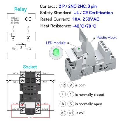 Electromagnetic Power Relay10 Amp Din Rail 24V DC 8-Pin, DPDT 2-Ways with Test Button, Socket Base, DIN Rail, LED Moudle - size: DC 24V, style: 8Pin-10A-1Pcs