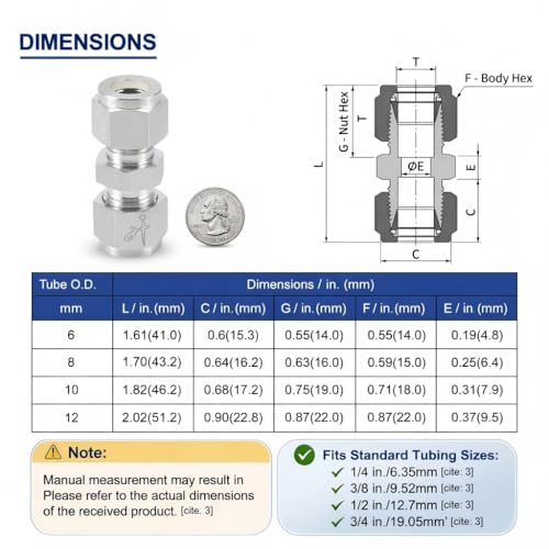 316SS Compression Tube Fitting, Straight Union, 8mm OD x 8mm OD - size: 8mm OD x 8mm OD