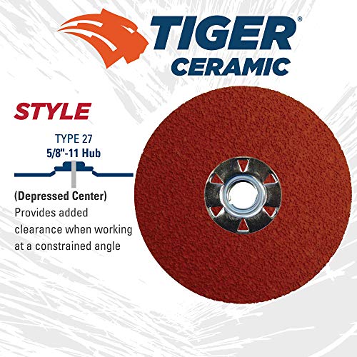 Weiler 69880 Tiger Ceramic Alumina Resin Fiber Sanding & Grinding Disc, 4-1/2" Diameter, 24 Grit, 5/8" - 11 Hub (Pack of 25) - size: 5/8"-11 Hub, style: 24 Grit