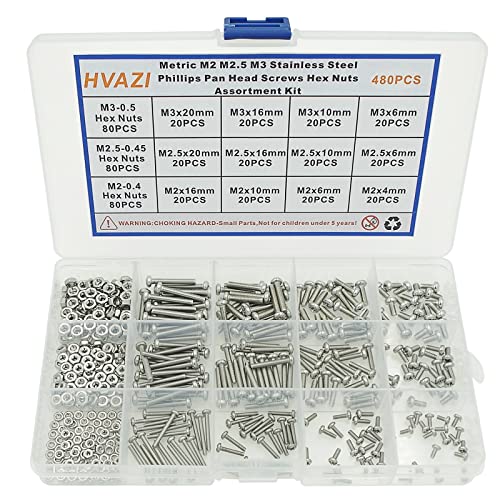 480PCS M2 M2.5 M3 304 SS Phillips Pan Head Machine Screws & Nuts Kit - size: M2/M2.5/M3