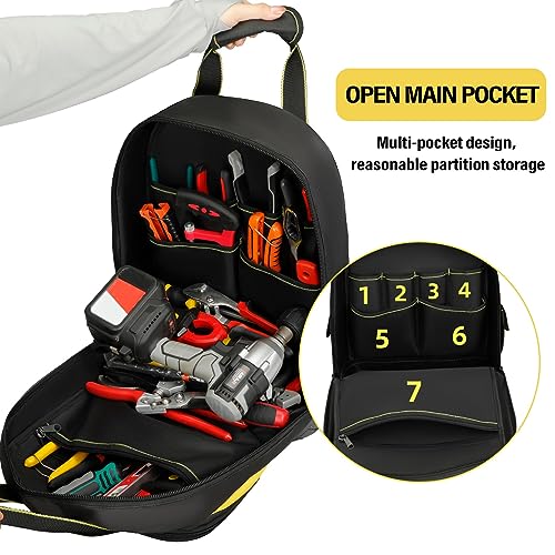 Tool Backpack,17"Heavy Duty Tool Backpack Bag with Waterproof Molded Base,Durable Multi-Use Pocket Electrician & Industrial & Construction Work Backpack,Black/Yellow