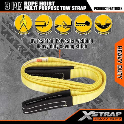 XSTRAP STANDARD 65FT Rope Hoist 4000Lbs Break w/2PK 8FT Lift Sling Black - color: 65ft Black with Lift Sling