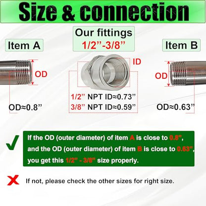 1/2 Inch NPT Female x 3/8 Inch NPT Female Pipe Fitting Reducer Coupler Connector, 304 Stainless Steel Reducing Coupling Adapter for Air Water Gas Oil (1/2" female x 3/8" female) - size: 1/2" female x 3/8" female