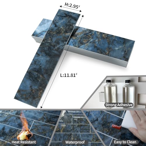 AULIGET 40-Piece Polished Blue Marble Peel and Stick Backsplash Wall Tiles, 3" x 12" PVC Faux Stone Stick on Tiles for Backsplash Kitchen, Bathroom, Laundry Room, Camper, Fireplace - color: Polished Blue Marble, size: 40 Pieces, 3"x12"x0.12"