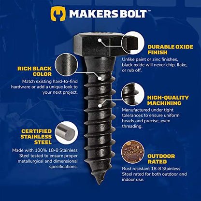 3/8" x 1-1/2" Stainless Steel Hex Lag Bolts (10 pcs) Black Oxidized in USA by Makers Bolt - size: 3/8 x 1-1/2 (10 pcs)
