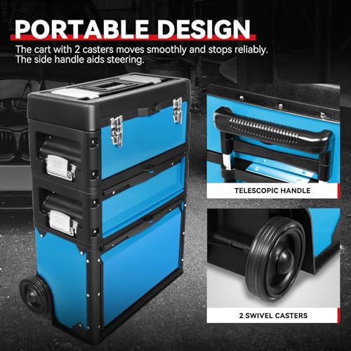 Auto Dynasty 3-Tier Rolling Trolley Tool Box Stackable w/Wheels, 19.5" Blue - color: Blue