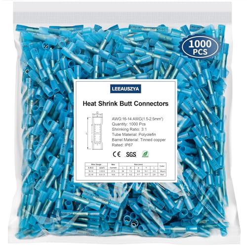 1000 Pcs Heat Shrink Butt Connectors, 16-14 AWG Waterproof Electrical Insulated Crimp Wire Splice for Boats, Automotive, Marine, Home, Garage, Industrial Wiring - size: Blue 1000 PCS