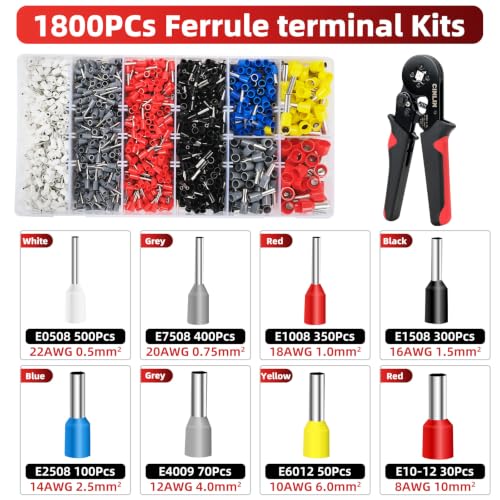 Ferrule Crimping Tool Kit,Wire Ferrule Kit Crimper Connectors,4 corners Self-adjustable AWG23-7 gauge1800PCS Ferrules Terminal,Crimpers Tools Pin Terminals Ratchet Pliers for Audio,Car,DIY
