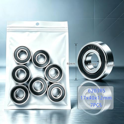 7 PCS 6203-2RS Deep-Groove Ball Bearings, 17x40x12mm-Double Seal Bearings - size: 6203-2RS