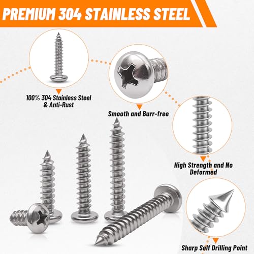 510 PSC Stainless Steel Screw Assortment Kit - #4#6#8#10#12 Phillips Pan Head, Self-Tapping for Wood & Metal - size: 510PCS Silver