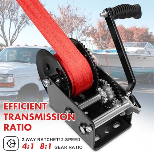 X-BULL Heavy Duty Boat Trailer Winch 3500 LBS 32FT Strap New Upgraded Quick-Connect Handle and Enclosed Housing, 2-Way Ratchet 4:1/8:1 Gear Winch for Boat, Truck, Trailer, RV, ATV, Jet Ski - size: 3500 LBS