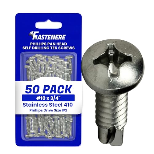 Fastenere Pan Head Self Drilling Tek Screws -#10 x 3/4" (50 Pack) Stainless Steel 410, Full Thread, Bright Plain Finish, Corrosion-Resistant, Self-Drilling, Easy to Install w/Phillips Drive Size #2 - size: #10 x 3/4" (50 Pack)