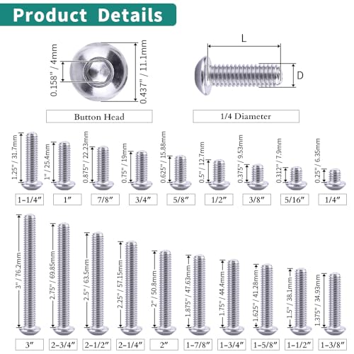 1/4-20 x 3/4" Button Head Socket Cap Bolts Screws, 304 Stainless Steel 18-8, Allen Hex Drive, Bright Finish, Fully Machine Thread, Pack of 25 - size: 1/4-20 x 3/4