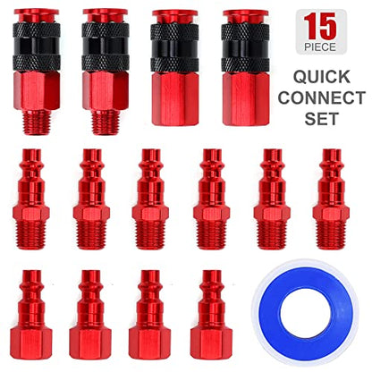 Aluminum Air Fittings, 1/4" NPT, 15 Pieces, Red - color: Red, size: 15 Pieces