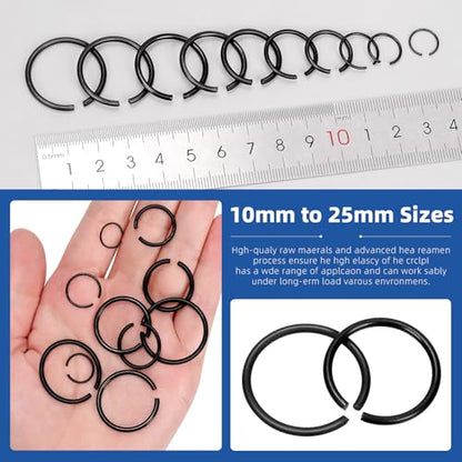 Glarks 150pcs GB895.2 65Mn Metric 10 Sizes 10MM to 26MM Round Wire C-Clips Internal Snap Rings Assortment Kit Round Wire Snap Rings Retaining Rings Classic Circlip for Shafts