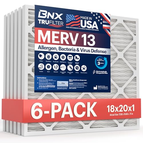 BNX TruFilter 18x20x1 Air Filter MERV 13 AC Filter, HVAC Furnace Filter, 6 Pack (ACTUAL SIZE 17.69"x19.69"x0.75") Allergies, Dust, Pet Dander & Smoke - MADE IN USA - MPR1500 / FPR 10 - size: 18x20x1 6-Pack